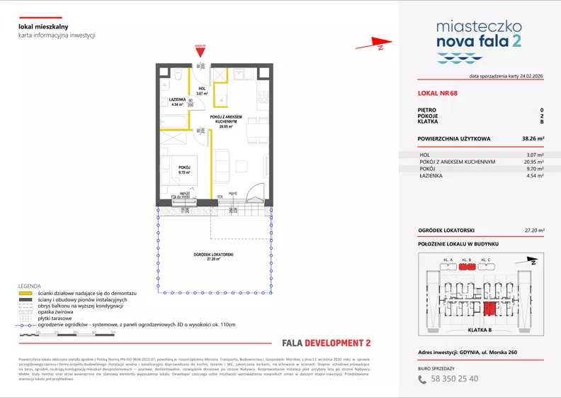 2 pokoje, mieszkanie 38,26 m², parter, oferta nr II/68, Miasteczko Nova Fala 2, Gdynia, Cisowa, ul. Morska 254-262