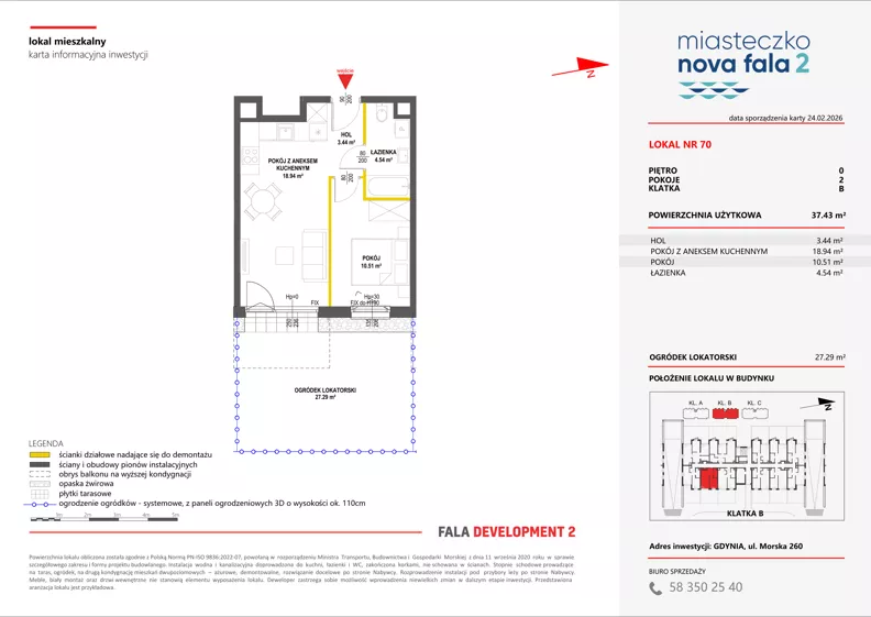 2 pokoje, mieszkanie 37,43 m², parter, oferta nr II/70, Miasteczko Nova Fala 2, Gdynia, Cisowa, ul. Morska 254-262