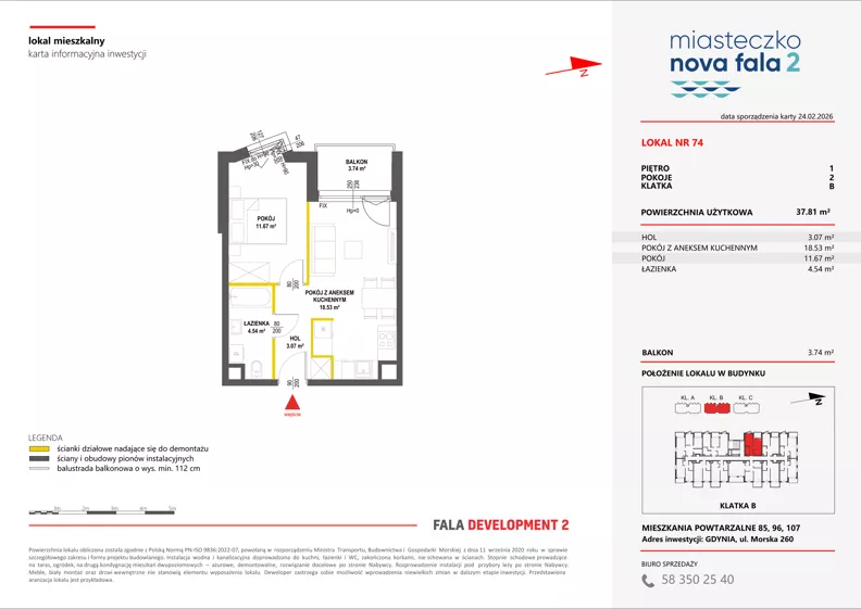 2 pokoje, mieszkanie 37,81 m², piętro 1, oferta nr II/74, Miasteczko Nova Fala 2, Gdynia, Cisowa, ul. Morska 254-262
