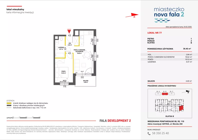 2 pokoje, mieszkanie 36,46 m², piętro 1, oferta nr II/77, Miasteczko Nova Fala 2, Gdynia, Cisowa, ul. Morska 254-262