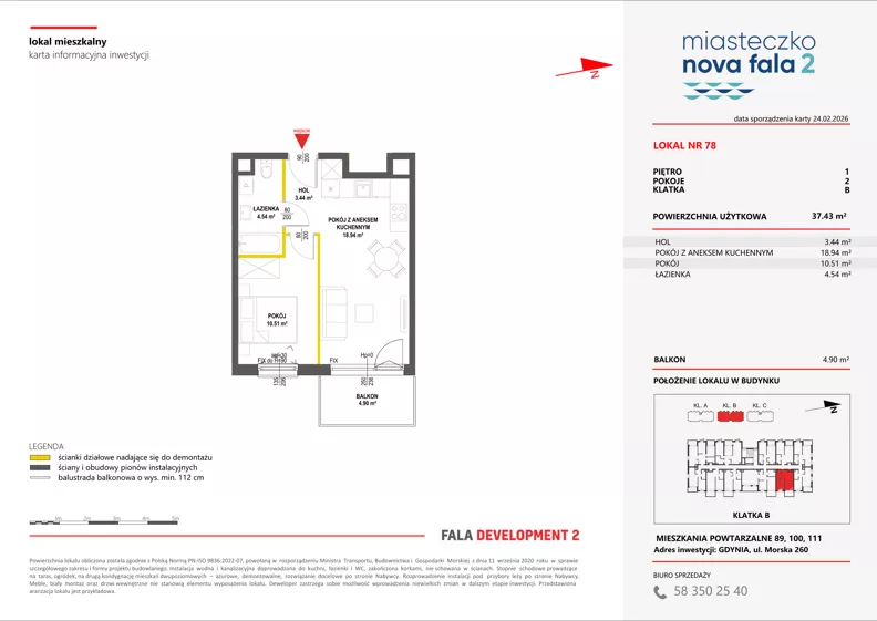 2 pokoje, mieszkanie 37,43 m², piętro 1, oferta nr II/78, Miasteczko Nova Fala 2, Gdynia, Cisowa, ul. Morska 254-262