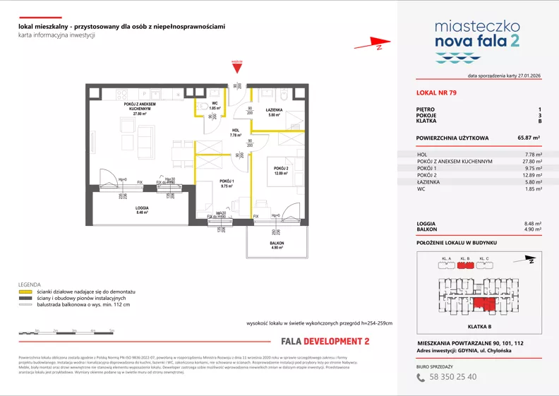 3 pokoje, mieszkanie 65,87 m², piętro 1, oferta nr II/79, Miasteczko Nova Fala 2, Gdynia, Cisowa, ul. Morska 254-262