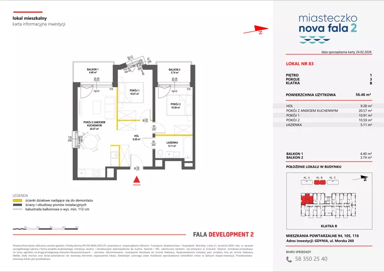 3 pokoje, mieszkanie 56,46 m², piętro 1, oferta nr II/83, Miasteczko Nova Fala 2, Gdynia, Cisowa, ul. Morska 254-262