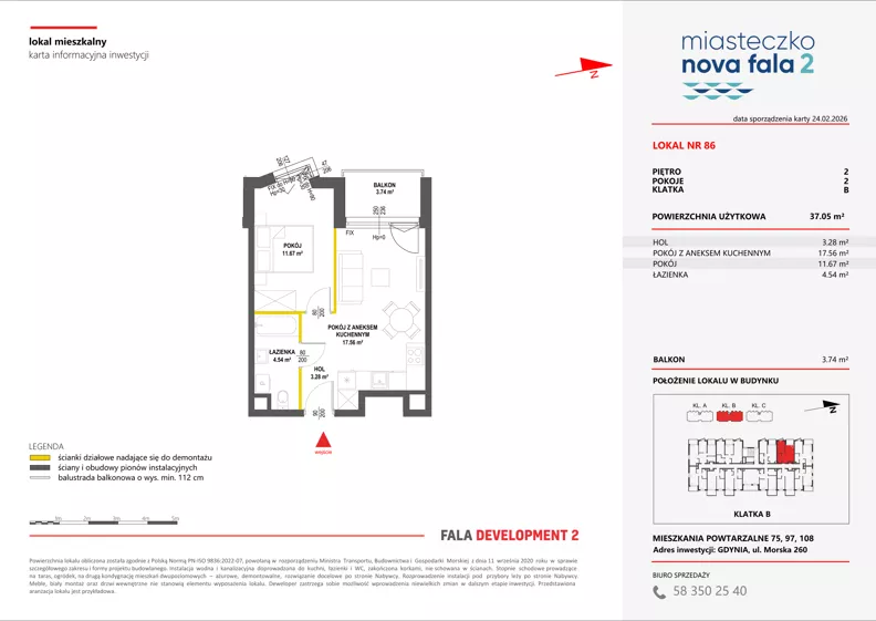 2 pokoje, mieszkanie 37,05 m², piętro 2, oferta nr II/86, Miasteczko Nova Fala 2, Gdynia, Cisowa, ul. Morska 254-262