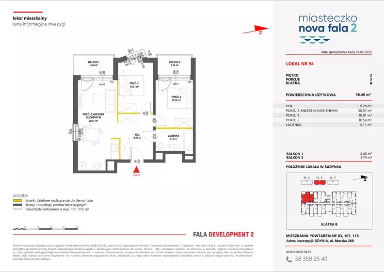 3 pokoje, mieszkanie 56,46 m², piętro 2, oferta nr II/94, Miasteczko Nova Fala 2, Gdynia, Cisowa, ul. Morska 254-262