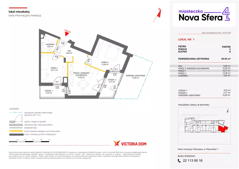 3 pokoje, mieszkanie 49,94 m², parter, oferta nr IV/1, Miasteczko Nova Sfera 4, Warszawa, Białołęka, Żerań, ul. Marywilska 7