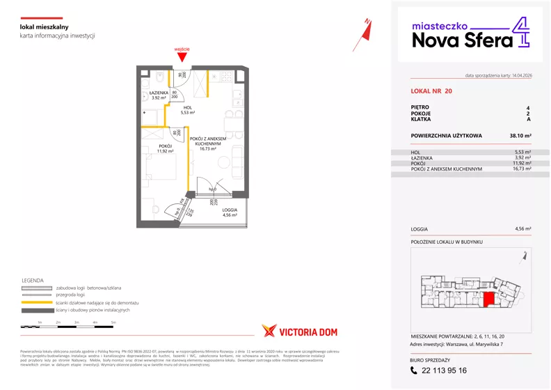 2 pokoje, mieszkanie 38,10 m², piętro 4, oferta nr IV/20, Miasteczko Nova Sfera 4, Warszawa, Białołęka, Żerań, ul. Marywilska 7