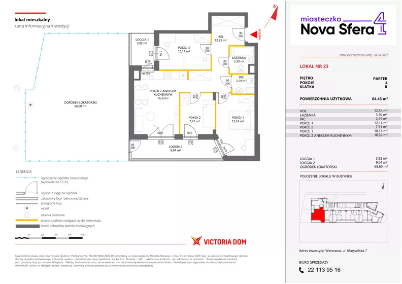 4 pokoje, mieszkanie 64,43 m², parter, oferta nr IV/23, Miasteczko Nova Sfera 4, Warszawa, Białołęka, Żerań, ul. Marywilska 7