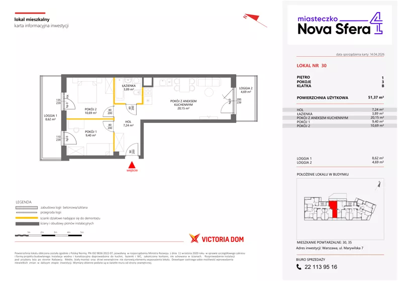 3 pokoje, mieszkanie 51,37 m², piętro 1, oferta nr IV/30, Miasteczko Nova Sfera 4, Warszawa, Białołęka, Żerań, ul. Marywilska 7