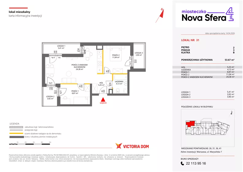 3 pokoje, mieszkanie 53,67 m², piętro 2, oferta nr IV/31, Miasteczko Nova Sfera 4, Warszawa, Białołęka, Żerań, ul. Marywilska 7