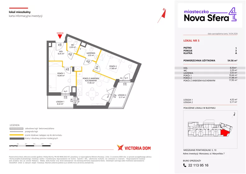 3 pokoje, mieszkanie 54,56 m², piętro 1, oferta nr IV/5, Miasteczko Nova Sfera 4, Warszawa, Białołęka, Żerań, ul. Marywilska 7