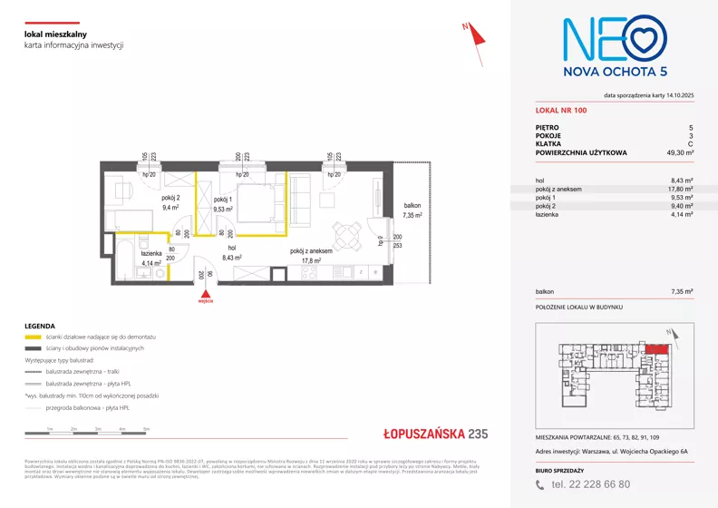 3 pokoje, mieszkanie 49,30 m², piętro 5, oferta nr v/100, Neo Nova Ochota 5, Warszawa, Włochy, Raków, ul. Wojciecha Opackiego 6A