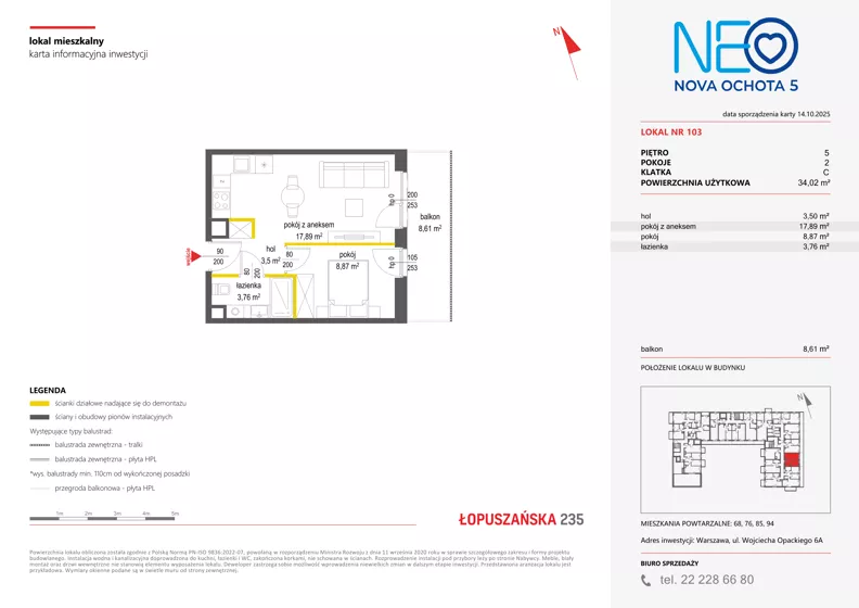 2 pokoje, mieszkanie 34,02 m², piętro 5, oferta nr v/103, Neo Nova Ochota 5, Warszawa, Włochy, Raków, ul. Wojciecha Opackiego 6A