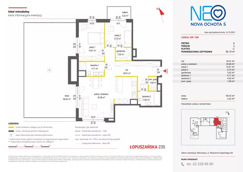 3 pokoje, mieszkanie 85,10 m², piętro 6, oferta nr v/108, Neo Nova Ochota 5, Warszawa, Włochy, Raków, ul. Wojciecha Opackiego 6A