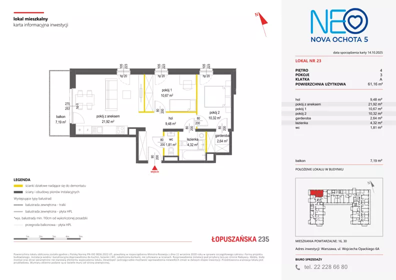 3 pokoje, mieszkanie 61,16 m², piętro 4, oferta nr v/23, Neo Nova Ochota 5, Warszawa, Włochy, Raków, ul. Wojciecha Opackiego 6A
