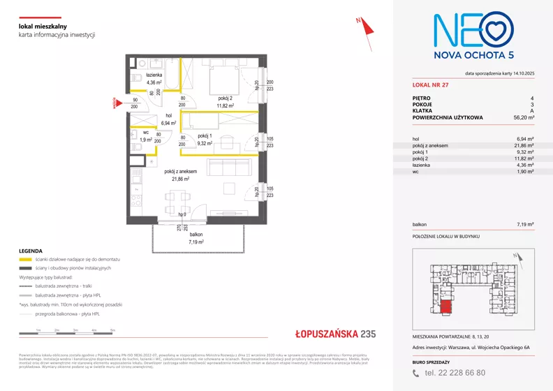 3 pokoje, mieszkanie 56,20 m², piętro 4, oferta nr v/27, Neo Nova Ochota 5, Warszawa, Włochy, Raków, ul. Wojciecha Opackiego 6A