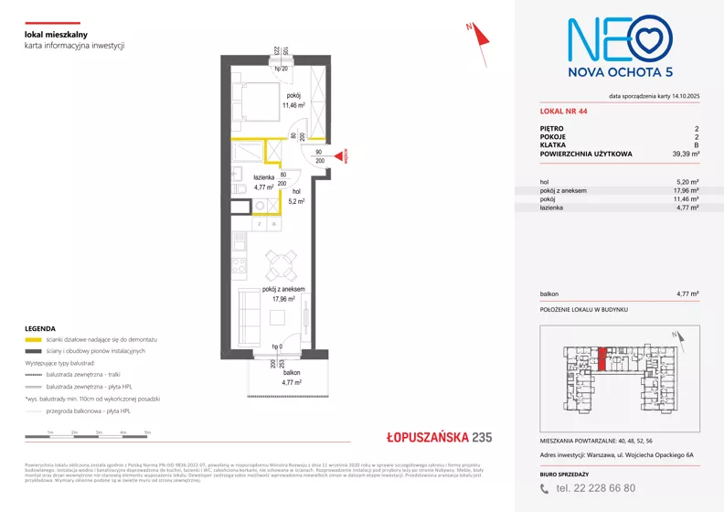 2 pokoje, mieszkanie 39,39 m², piętro 2, oferta nr v/44, Neo Nova Ochota 5, Warszawa, Włochy, Raków, ul. Wojciecha Opackiego 6A