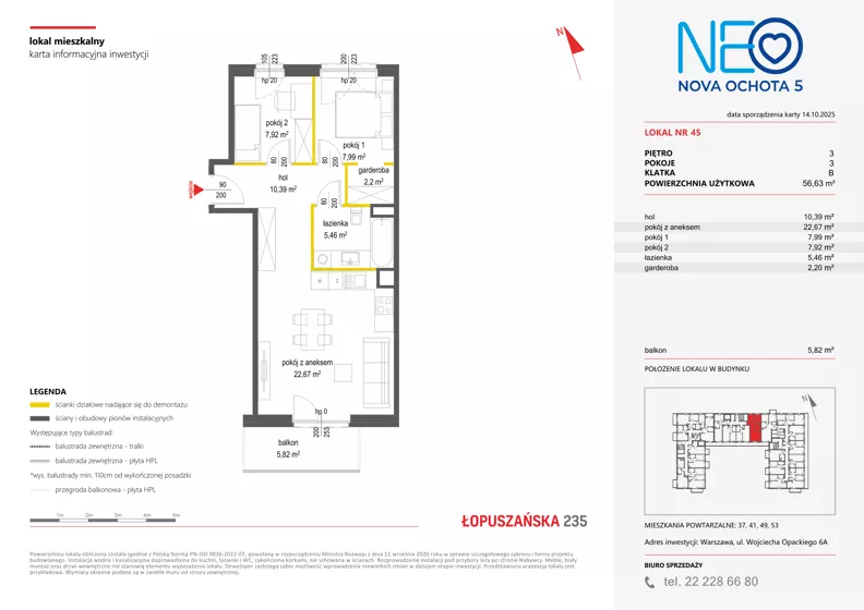 3 pokoje, mieszkanie 56,63 m², piętro 3, oferta nr v/45, Neo Nova Ochota 5, Warszawa, Włochy, Raków, ul. Wojciecha Opackiego 6A