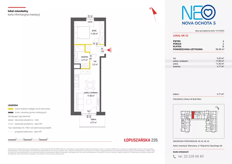 2 pokoje, mieszkanie 39,39 m², piętro 4, oferta nr v/52, Neo Nova Ochota 5, Warszawa, Włochy, Raków, ul. Wojciecha Opackiego 6A