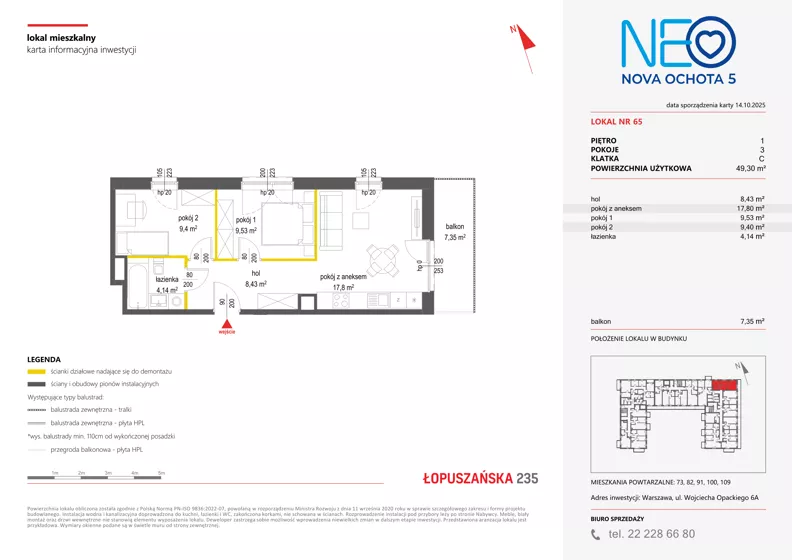 3 pokoje, mieszkanie 49,30 m², piętro 1, oferta nr v/65, Neo Nova Ochota 5, Warszawa, Włochy, Raków, ul. Wojciecha Opackiego 6A
