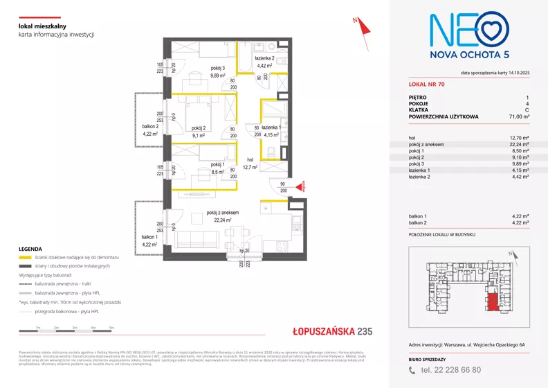 4 pokoje, mieszkanie 71,00 m², piętro 1, oferta nr v/70, Neo Nova Ochota 5, Warszawa, Włochy, Raków, ul. Wojciecha Opackiego 6A