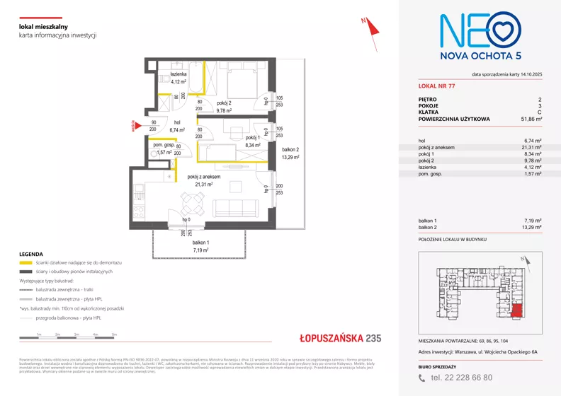 3 pokoje, mieszkanie 51,86 m², piętro 2, oferta nr v/77, Neo Nova Ochota 5, Warszawa, Włochy, Raków, ul. Wojciecha Opackiego 6A