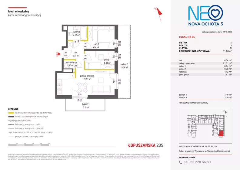 3 pokoje, mieszkanie 51,86 m², piętro 4, oferta nr v/95, Neo Nova Ochota 5, Warszawa, Włochy, Raków, ul. Wojciecha Opackiego 6A