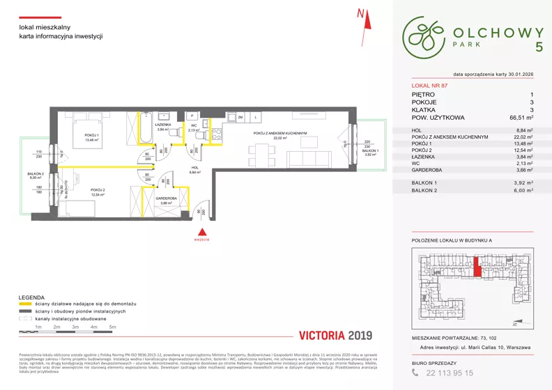 3 pokoje, mieszkanie 66,51 m², piętro 1, oferta nr V/87, Olchowy Park 5, Warszawa, Białołęka, Kobiałka, ul. Marii Callas