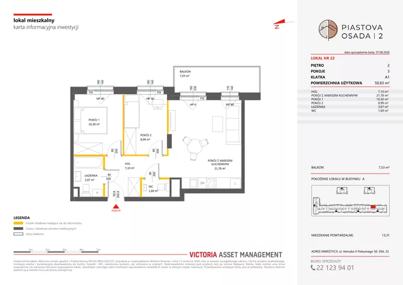 3 pokoje, mieszkanie 50,83 m², piętro 2, oferta nr A-22, Piastova Osada 2, Warszawa, Ursus, Gołąbki, ul. Henryka II Pobożnego