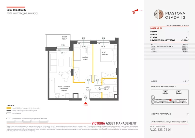 3 pokoje, mieszkanie 49,65 m², piętro 2, oferta nr A-61, Piastova Osada 2, Warszawa, Ursus, Gołąbki, ul. Henryka II Pobożnego