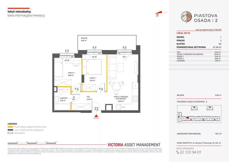 3 pokoje, mieszkanie 47,34 m², piętro 1, oferta nr A-94, Piastova Osada 2, Warszawa, Ursus, Gołąbki, ul. Henryka II Pobożnego