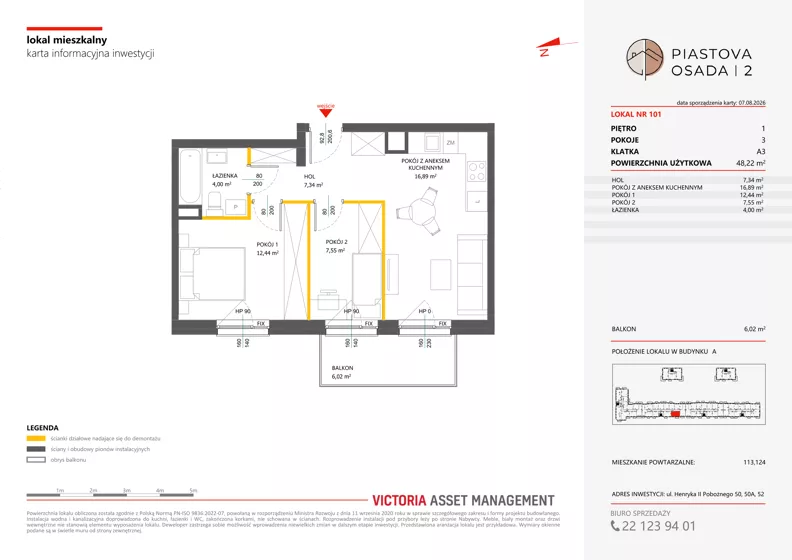 3 pokoje, mieszkanie 48,22 m², piętro 1, oferta nr A-101, Piastova Osada 2, Warszawa, Ursus, Gołąbki, ul. Henryka II Pobożnego