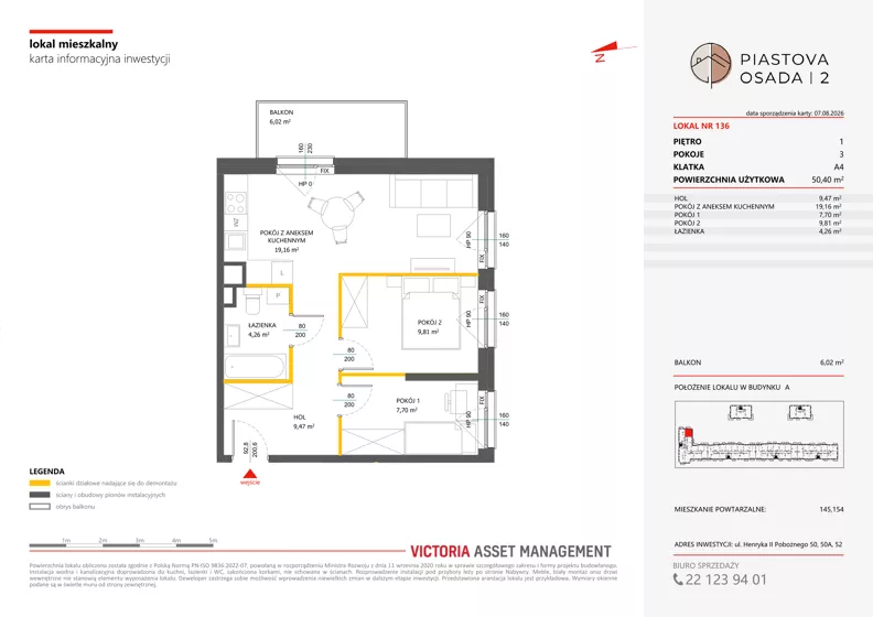 3 pokoje, mieszkanie 50,40 m², piętro 1, oferta nr A-136, Piastova Osada 2, Warszawa, Ursus, Gołąbki, ul. Henryka II Pobożnego