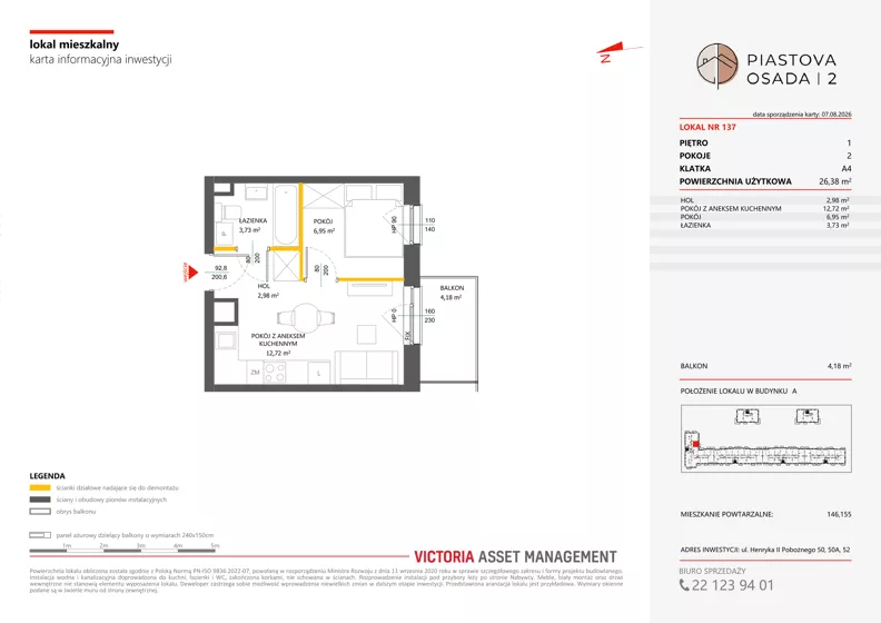2 pokoje, mieszkanie 26,38 m², piętro 1, oferta nr A-137, Piastova Osada 2, Warszawa, Ursus, Gołąbki, ul. Henryka II Pobożnego