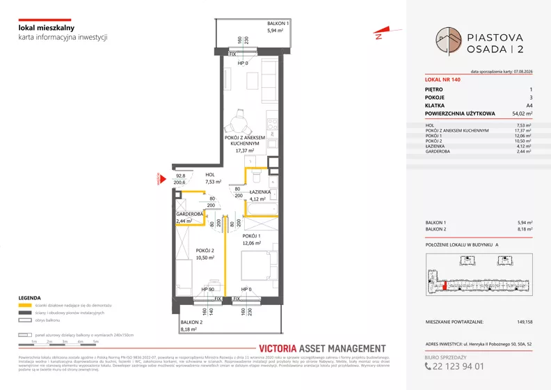 3 pokoje, mieszkanie 54,02 m², piętro 1, oferta nr A-140, Piastova Osada 2, Warszawa, Ursus, Gołąbki, ul. Henryka II Pobożnego