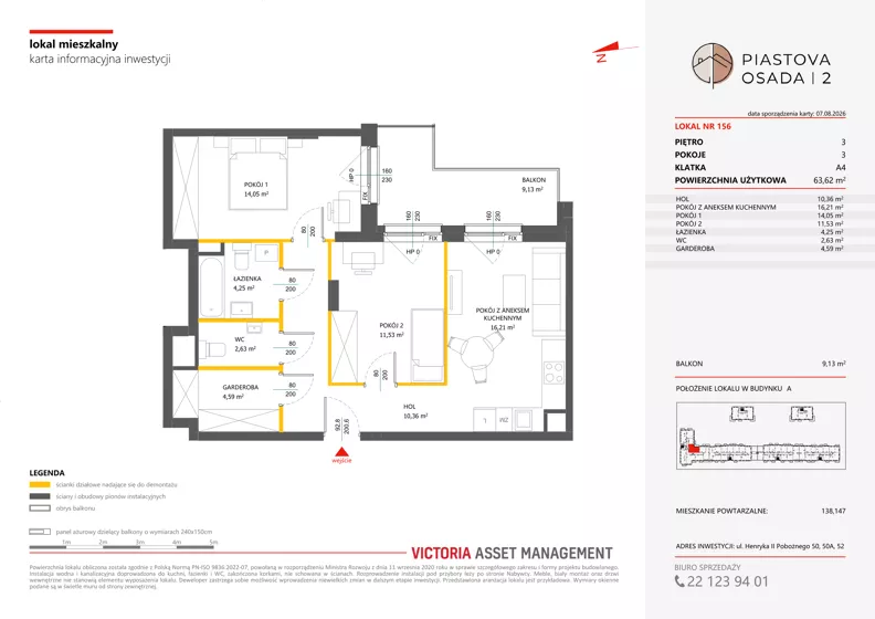 3 pokoje, mieszkanie 63,62 m², piętro 3, oferta nr A-156, Piastova Osada 2, Warszawa, Ursus, Gołąbki, ul. Henryka II Pobożnego