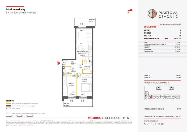 3 pokoje, mieszkanie 54,02 m², piętro 3, oferta nr A-158, Piastova Osada 2, Warszawa, Ursus, Gołąbki, ul. Henryka II Pobożnego