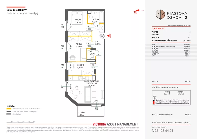 4 pokoje, mieszkanie 70,73 m², piętro 3, oferta nr A-161, Piastova Osada 2, Warszawa, Ursus, Gołąbki, ul. Henryka II Pobożnego