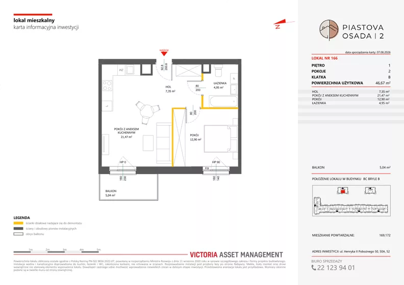 2 pokoje, mieszkanie 46,67 m², piętro 1, oferta nr B-166, Piastova Osada 2, Warszawa, Ursus, Gołąbki, ul. Henryka II Pobożnego