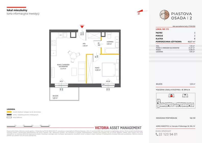 2 pokoje, mieszkanie 46,67 m², piętro 3, oferta nr B-172, Piastova Osada 2, Warszawa, Ursus, Gołąbki, ul. Henryka II Pobożnego