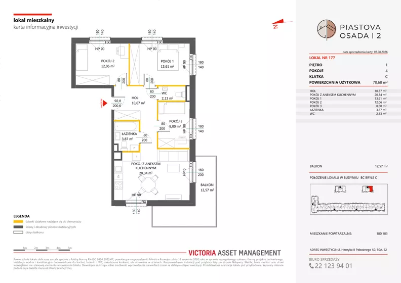 4 pokoje, mieszkanie 70,68 m², piętro 1, oferta nr C-177, Piastova Osada 2, Warszawa, Ursus, Gołąbki, ul. Henryka II Pobożnego