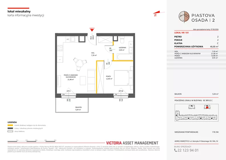 2 pokoje, mieszkanie 46,68 m², piętro 2, oferta nr C-181, Piastova Osada 2, Warszawa, Ursus, Gołąbki, ul. Henryka II Pobożnego