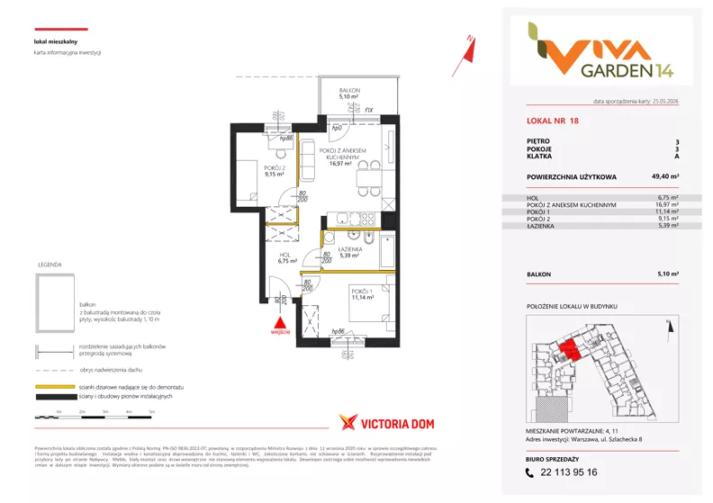 3 pokoje, mieszkanie 49,40 m², piętro 3, oferta nr 18, Viva Garden 14, Warszawa, Białołęka, Brzeziny, ul. Szlachecka 8