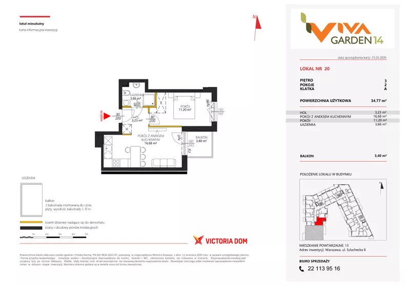 2 pokoje, mieszkanie 34,77 m², piętro 3, oferta nr 20, Viva Garden 14, Warszawa, Białołęka, Brzeziny, ul. Szlachecka 8