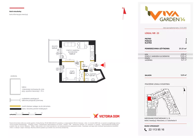 2 pokoje, mieszkanie 31,51 m², piętro 3, oferta nr 23, Viva Garden 14, Warszawa, Białołęka, Brzeziny, ul. Szlachecka 8