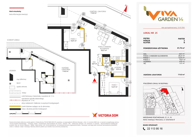 3 pokoje, mieszkanie 61,76 m², parter, oferta nr 25, Viva Garden 14, Warszawa, Białołęka, Brzeziny, ul. Szlachecka 8