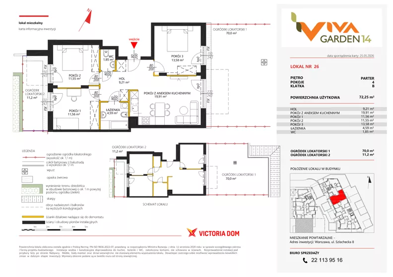 4 pokoje, mieszkanie 72,25 m², parter, oferta nr 26, Viva Garden 14, Warszawa, Białołęka, Brzeziny, ul. Szlachecka 8