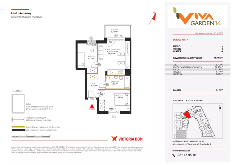 3 pokoje, mieszkanie 49,40 m², piętro 1, oferta nr 4, Viva Garden 14, Warszawa, Białołęka, Brzeziny, ul. Szlachecka 8