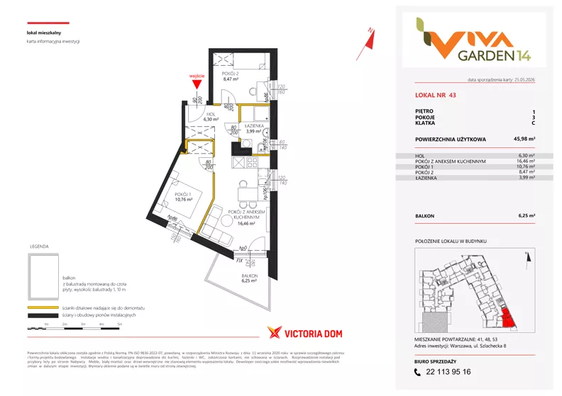 3 pokoje, mieszkanie 45,98 m², piętro 1, oferta nr 43, Viva Garden 14, Warszawa, Białołęka, Brzeziny, ul. Szlachecka 8