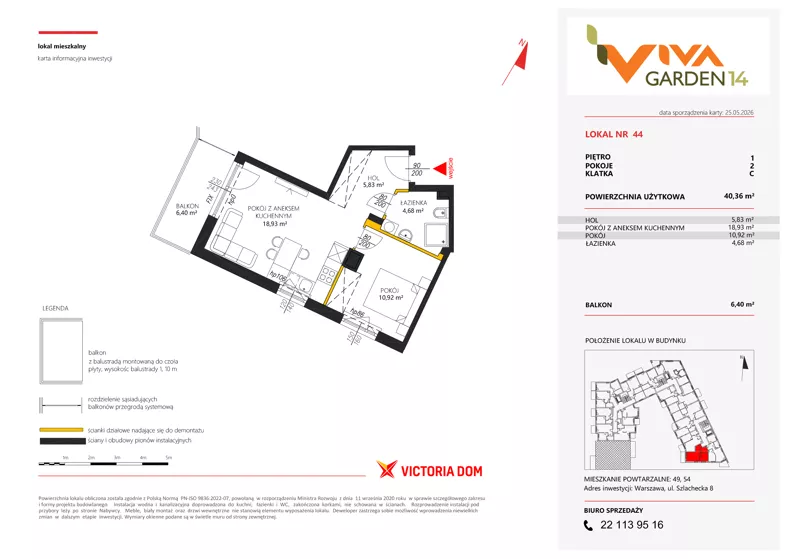 2 pokoje, mieszkanie 40,36 m², piętro 1, oferta nr 44, Viva Garden 14, Warszawa, Białołęka, Brzeziny, ul. Szlachecka 8